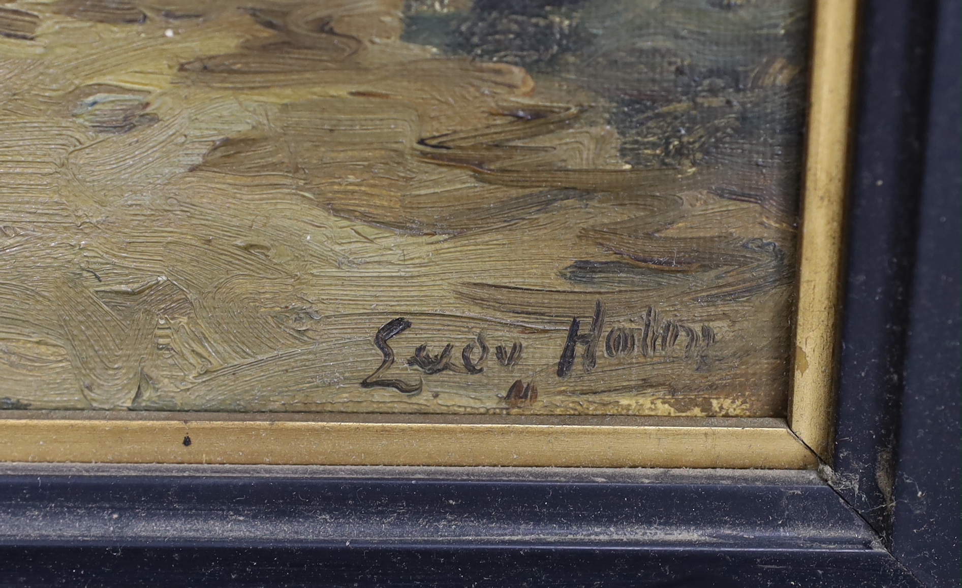 20th century, oil on canvas, Rural scene with cottages, indistinctly signed, 38 x 28cm